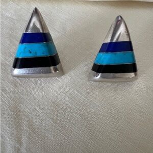 Sterling Silver, Onyx, Turquoise and Lapis Geometric Earrings.